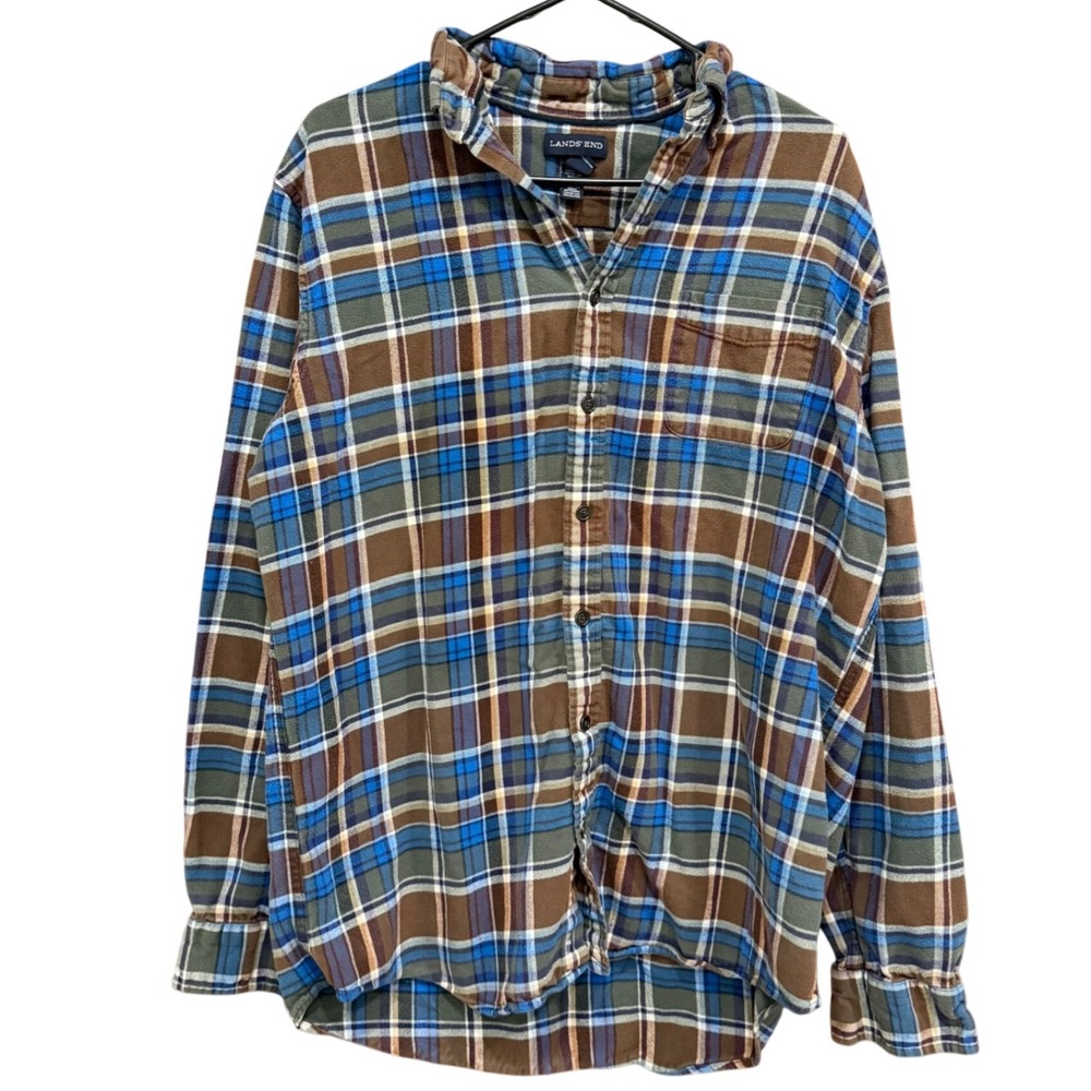 Lands' End Flannel Shirt L/T 16-16 1/2 Brown Blue‎ Plaid Long Sleeve Menswear